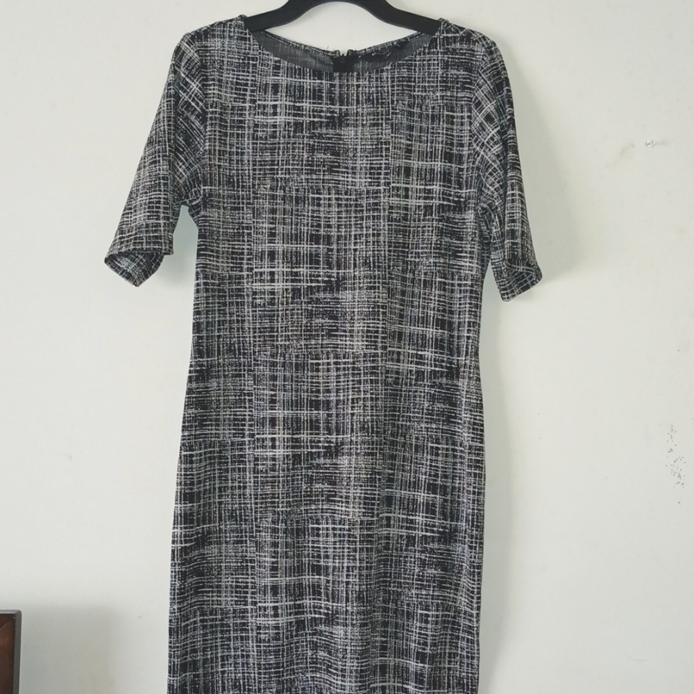 Sharagano Black & White Print Fitted Zippered Office To Date Night Dress Size:10